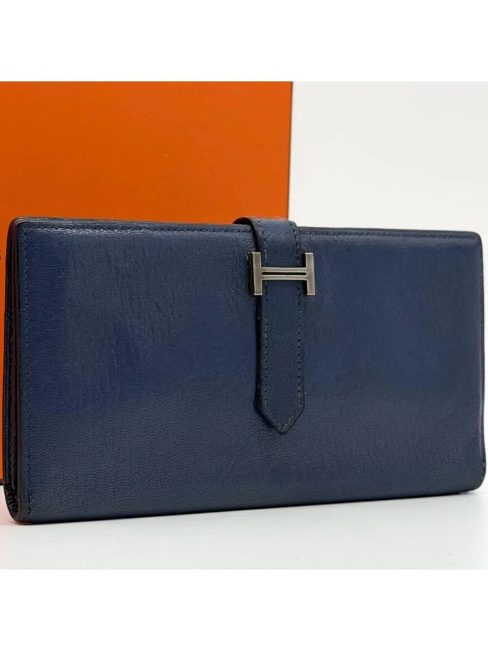 Hermes Bearn Soufflet Chevre Navy Wallet Silver Bifold